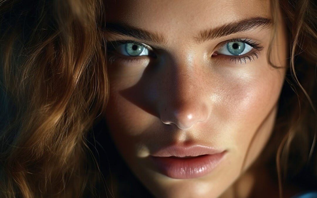 Portrait of a young woman with blue eyes and curly hair