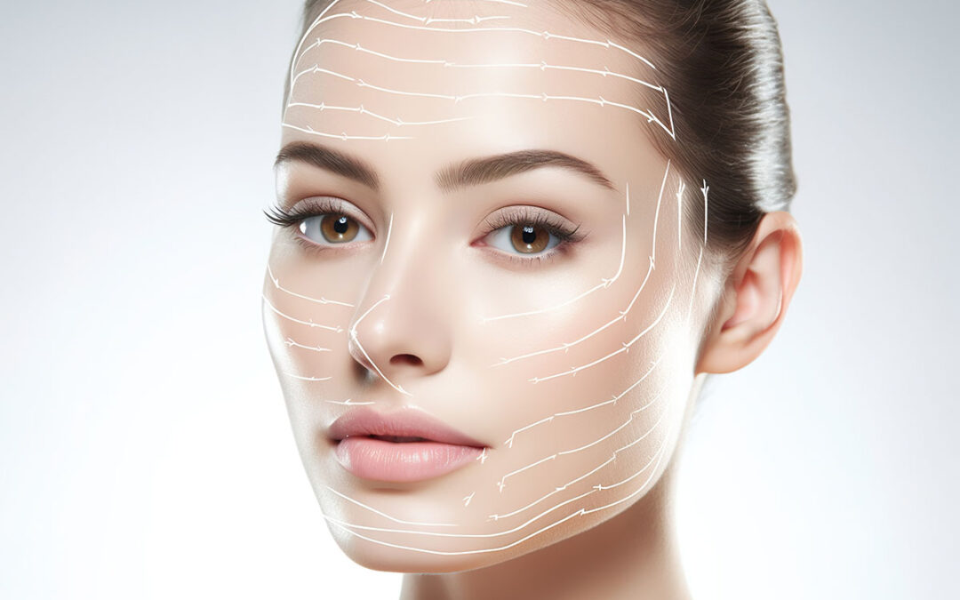 Woman portrait with graphic lines showing facial lifting effect on skin