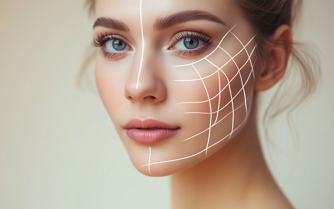 Lifting lines, advertising of face contour correction, female face skin lifting
